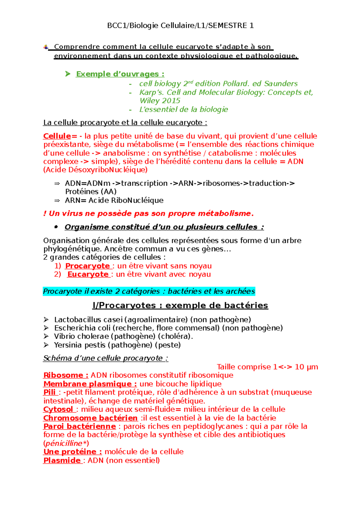 Biologie Cellulaire L1: Adaptation des Cellules Eucaryotes et ...