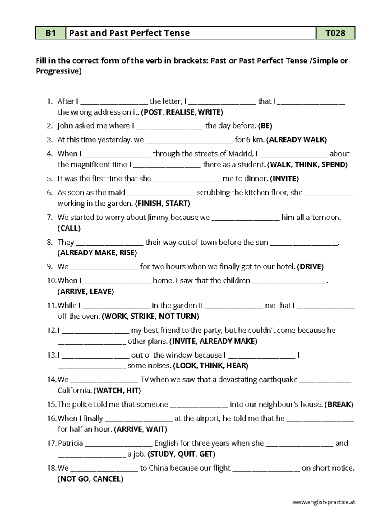 B1 Past and Past Perfect Tense - Grammar Worksheet T028 - Studocu