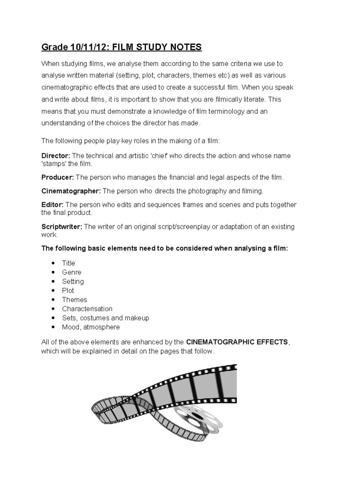 Grade 12 FILM Study Notes: Analyzing Cinematic Elements - Studocu