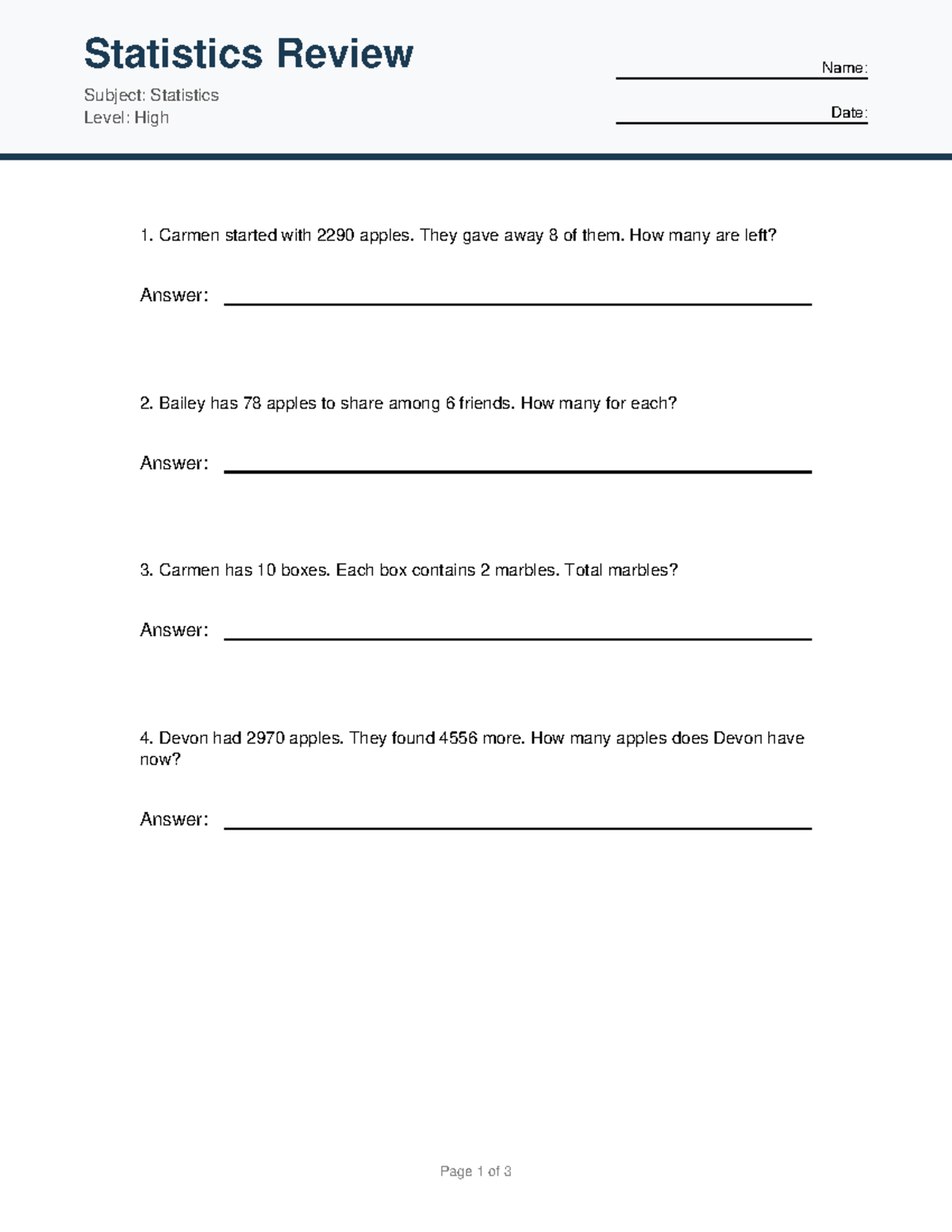 Statistics Review 2 - High Level Stats Practice Questions - Studocu