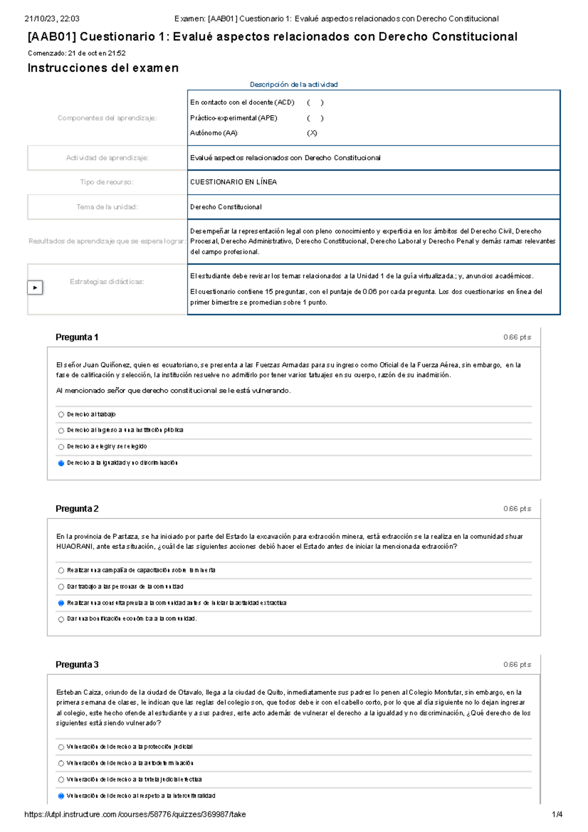 Cuestionario 1 Evaluando Derecho Constitucional [AAB01] - Examen 10 NS ...