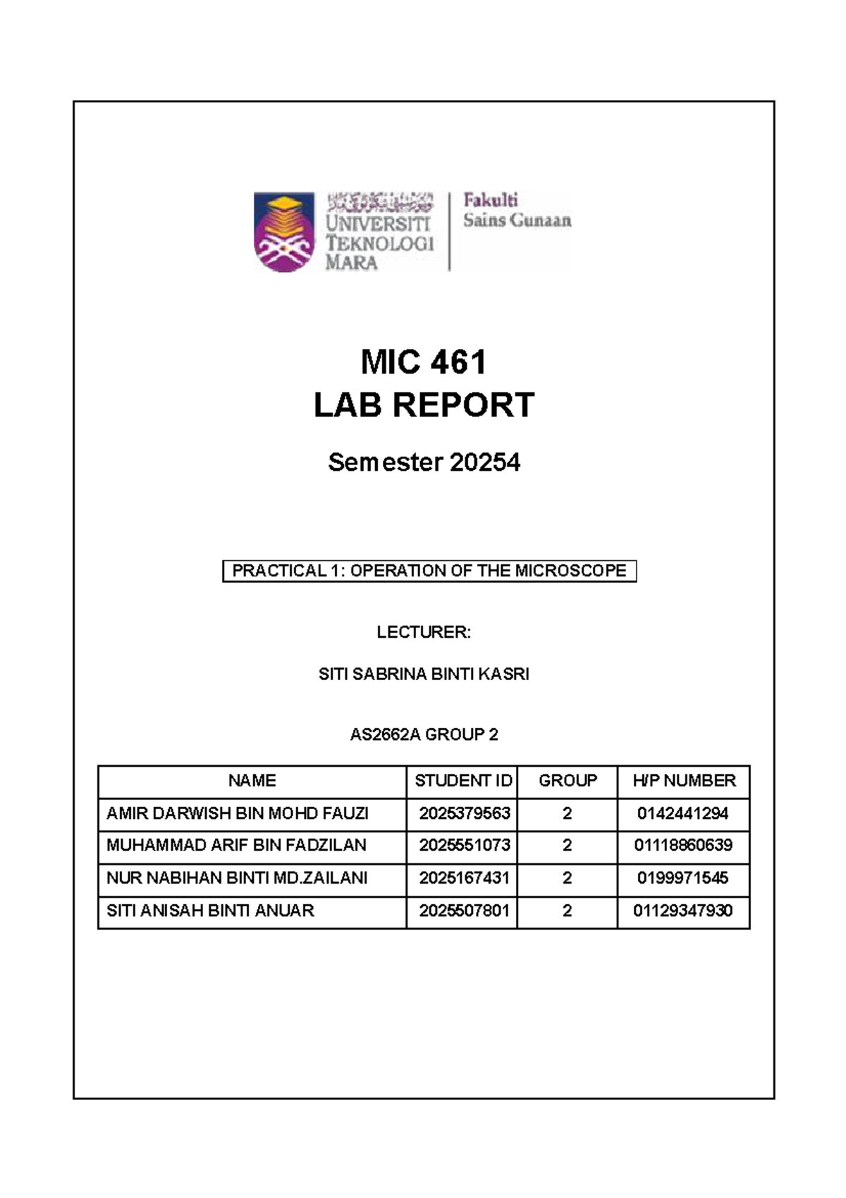 MIC 461 LAB REPORT: Practical 1 - Microscope Operation and Use - Studocu