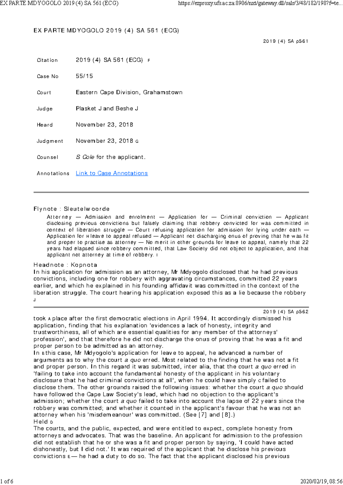 Ex Parte Mdyogolo 2019 (4) SA 561 (ECG): Admission Application