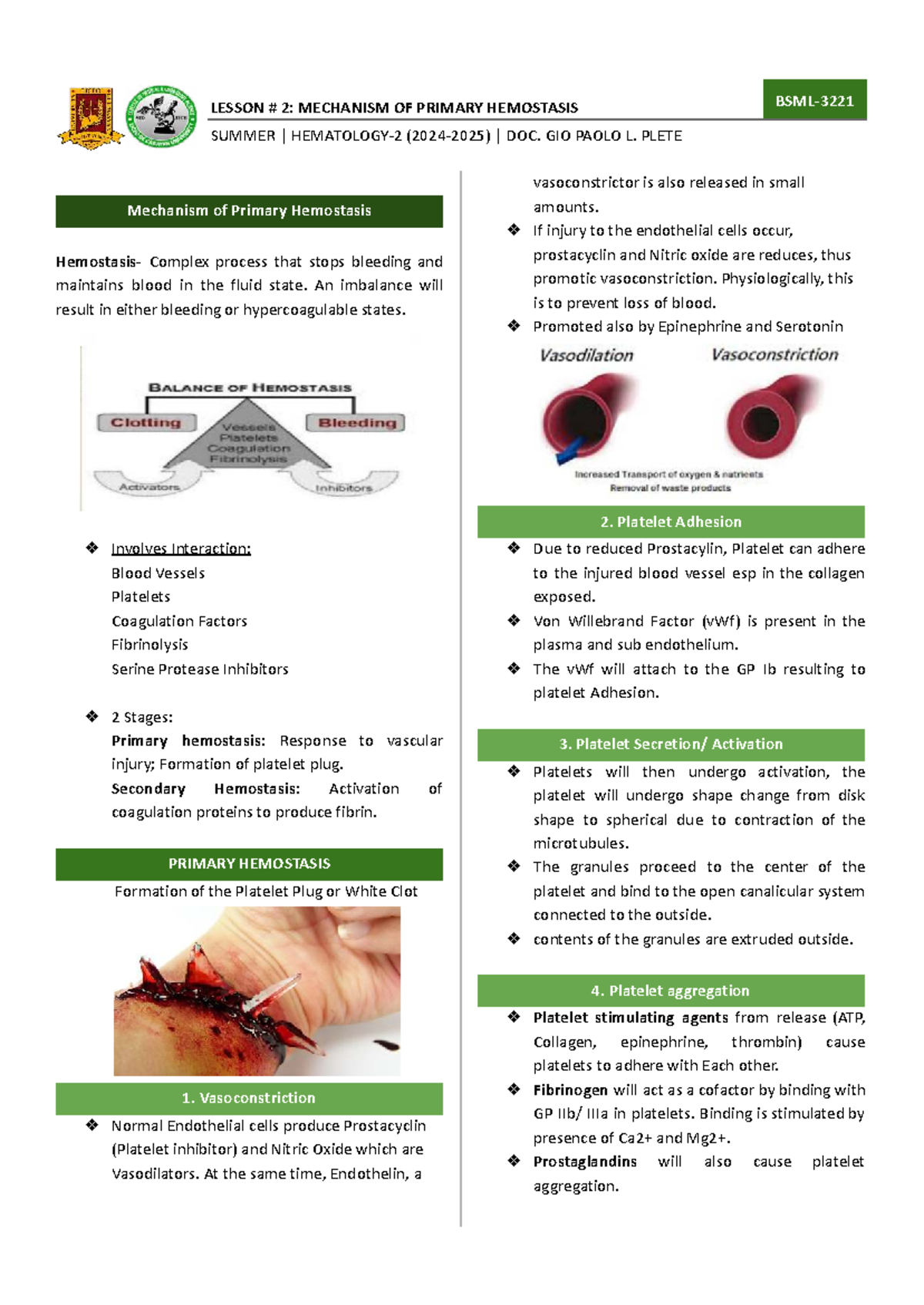 LESSON 2: MECHANISM OF PRIMARY HEMOSTASIS - HEMATOLOGY 2 - Studocu
