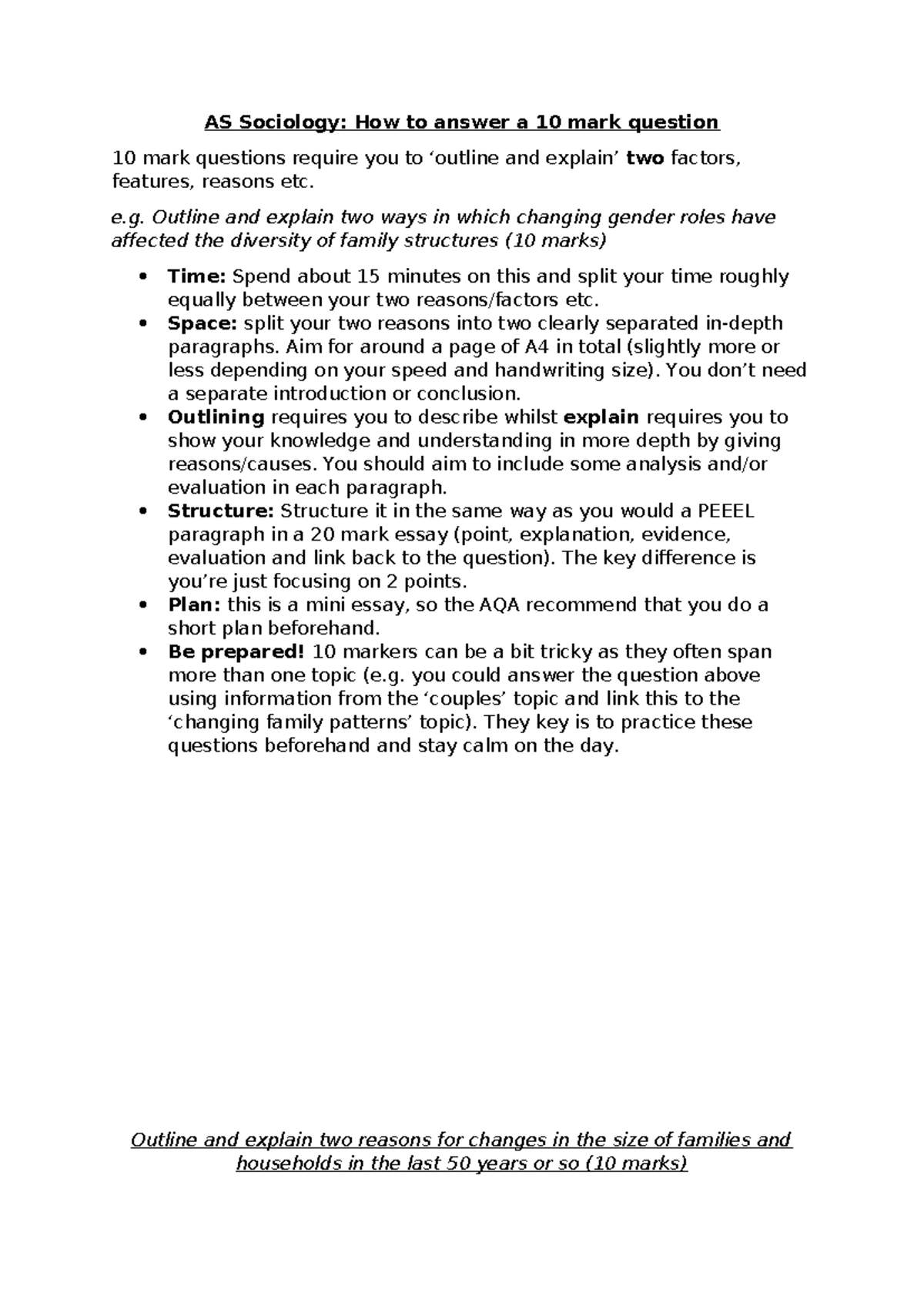 AS Sociology: Strategies for Answering 10 Mark Questions - Studocu