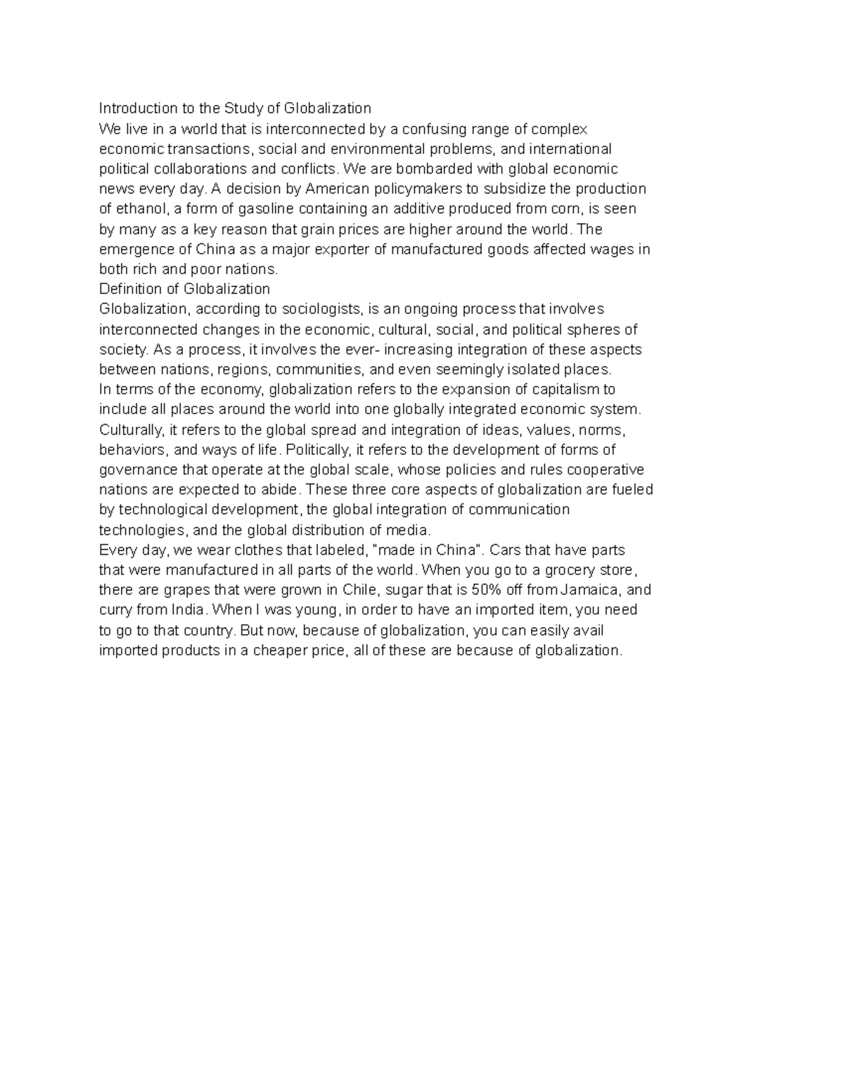 Globalization: An Introductory Study on Economic and Cultural ...