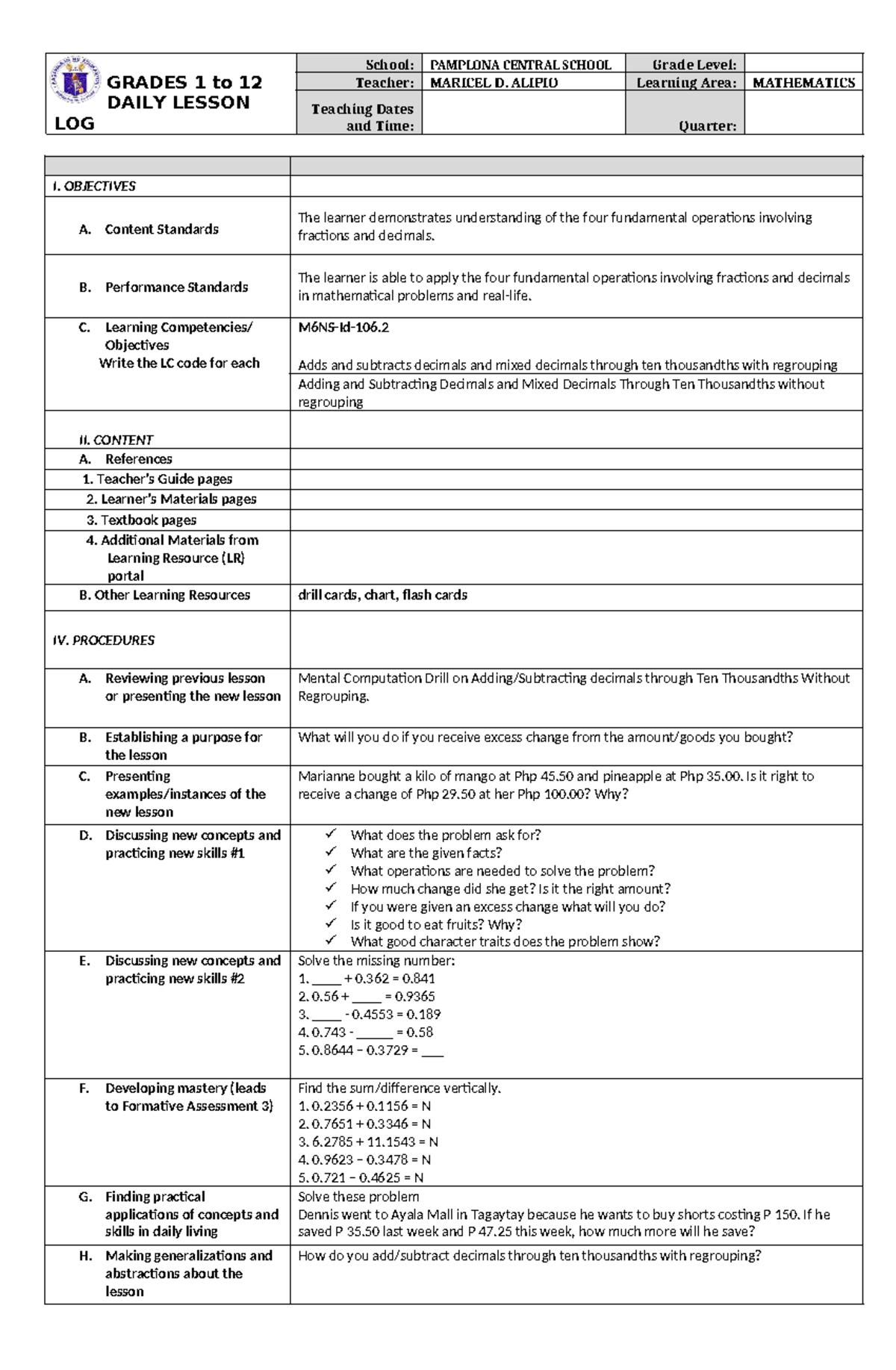 DLL MATH 1: Daily Lesson Log for Teaching Decimals and Fractions - Studocu