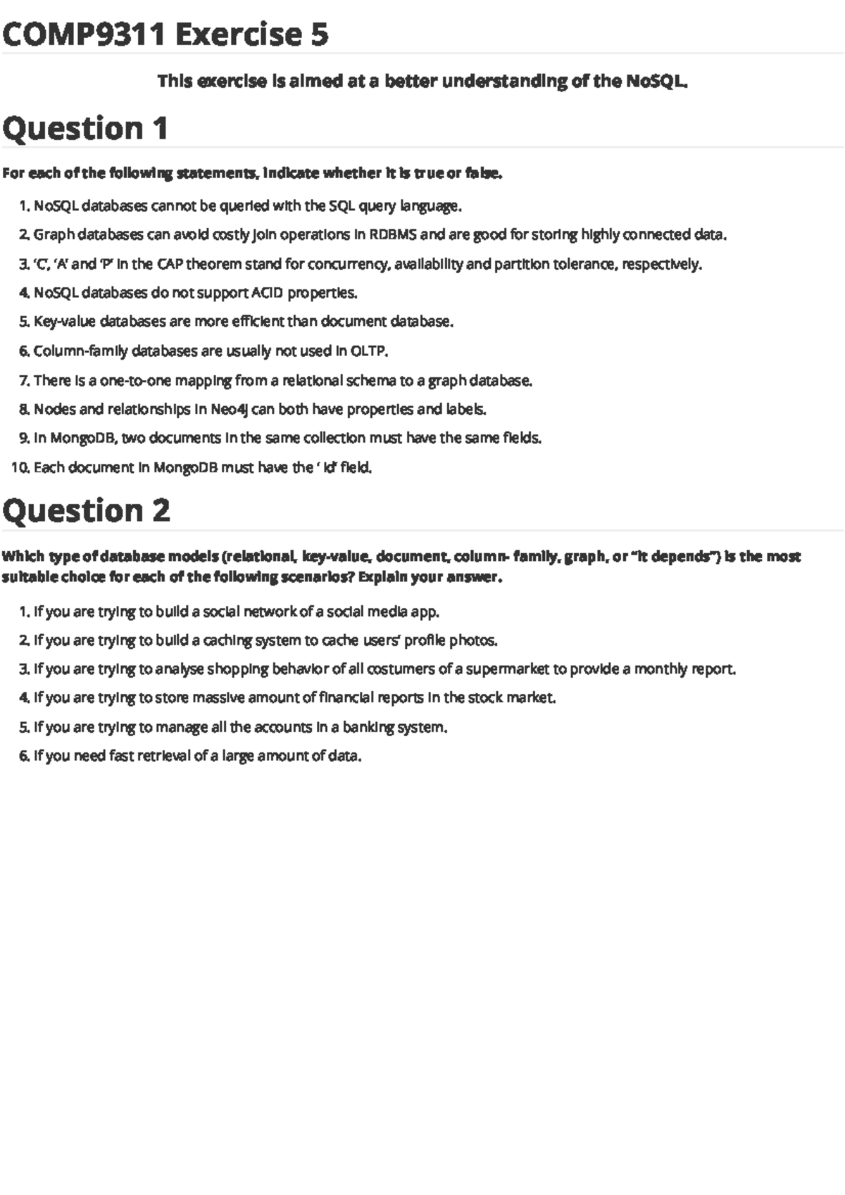 Exercise 5 - NoSQL - This exercise is aimed at a better understanding ...