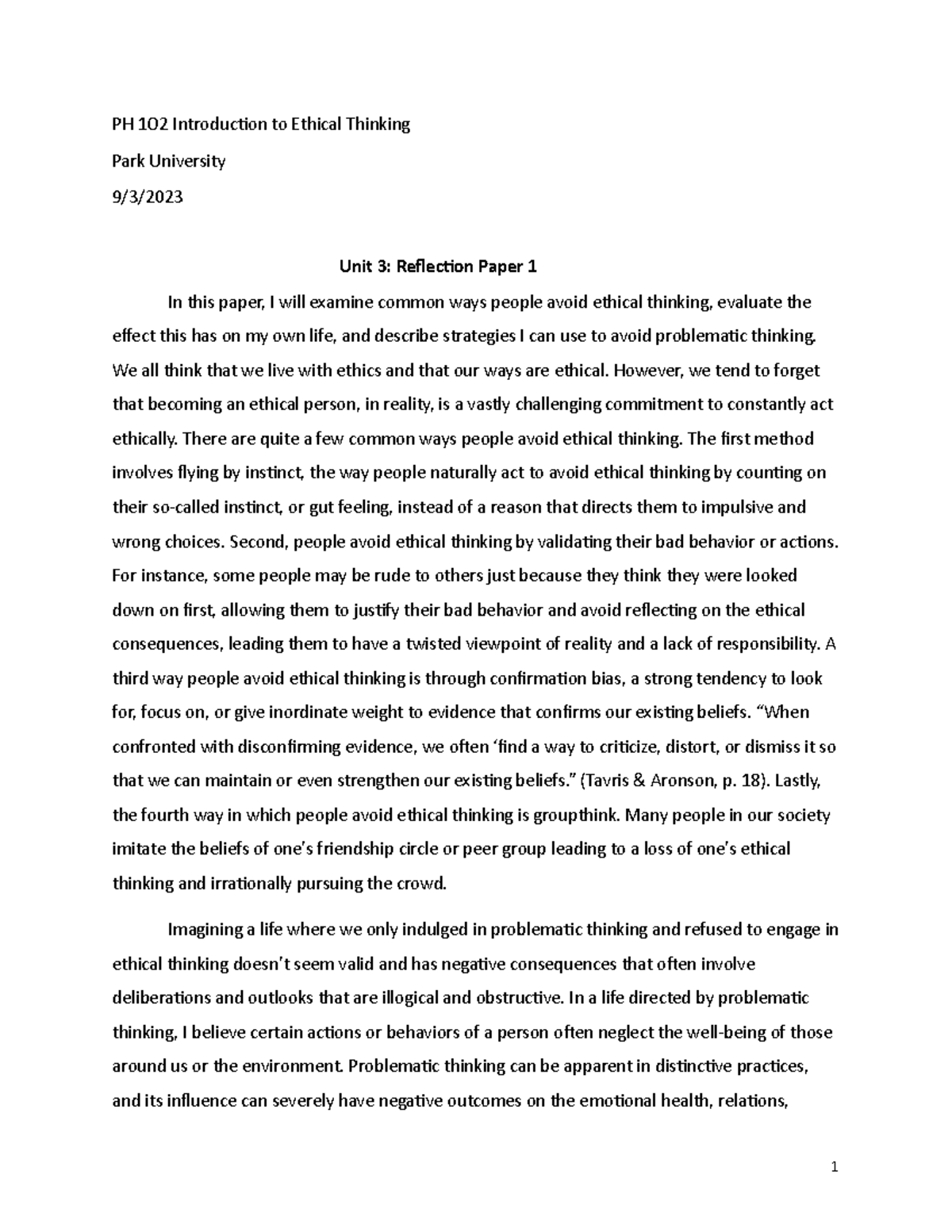 Bishwakarma unit 3 Reflection paper 1 - 1 PH 1O2 Introduc/on to Ethical ...