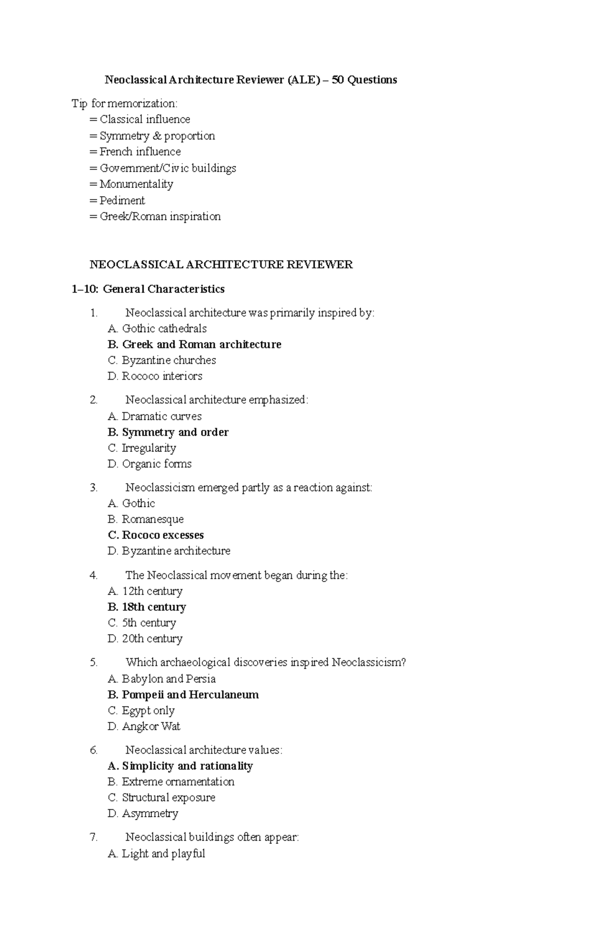 Neoclassical Architecture Review (ALE): Key Concepts & 50 Qs - Studocu