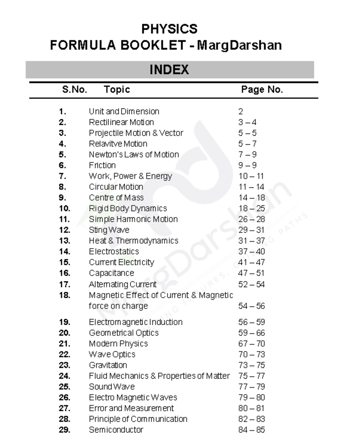 PHYSICS FORMULA BOOKLET (PHYS101) - Comprehensive Index and Key ...