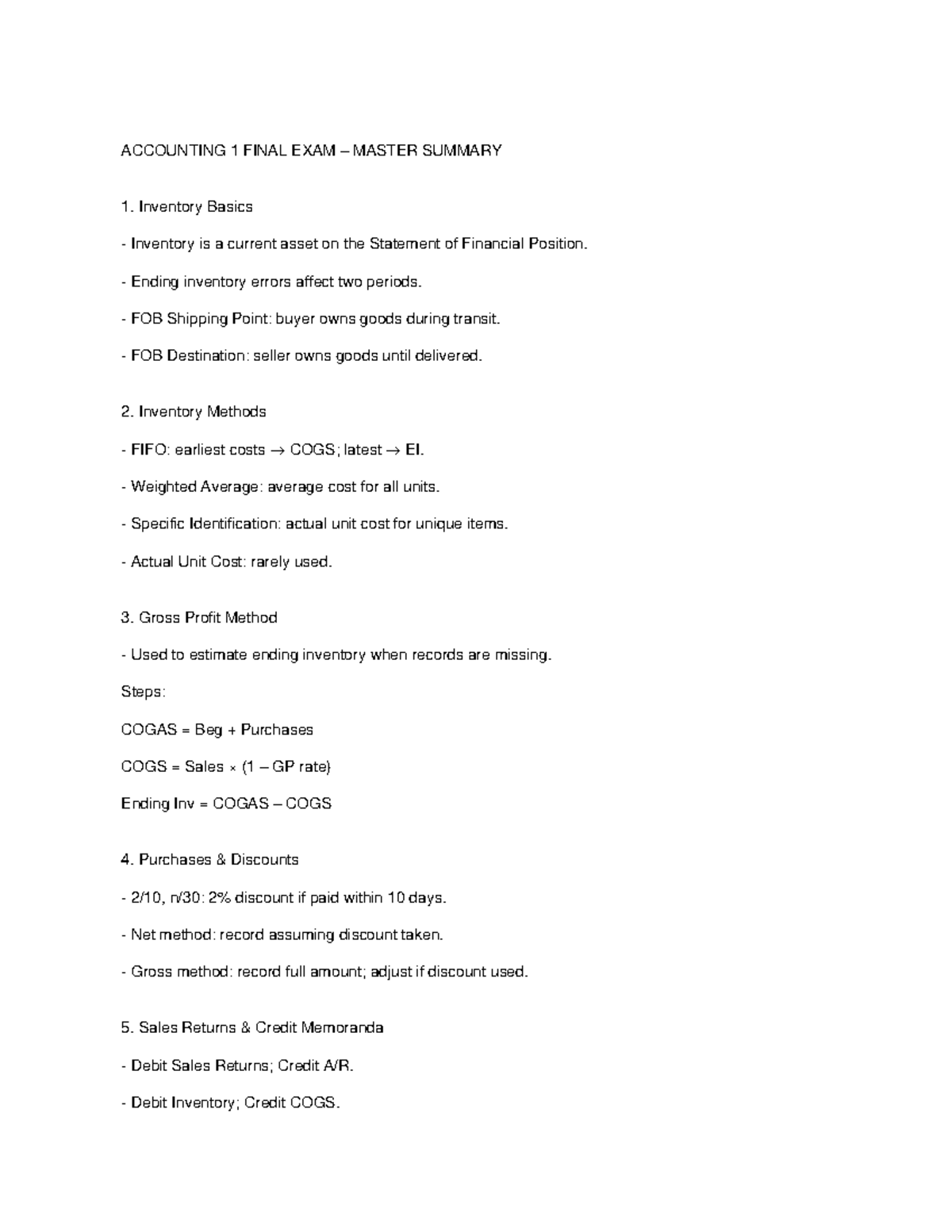 ACCOUNTING 1 FINAL EXAM MASTER SUMMARY: KEY CONCEPTS - Studocu