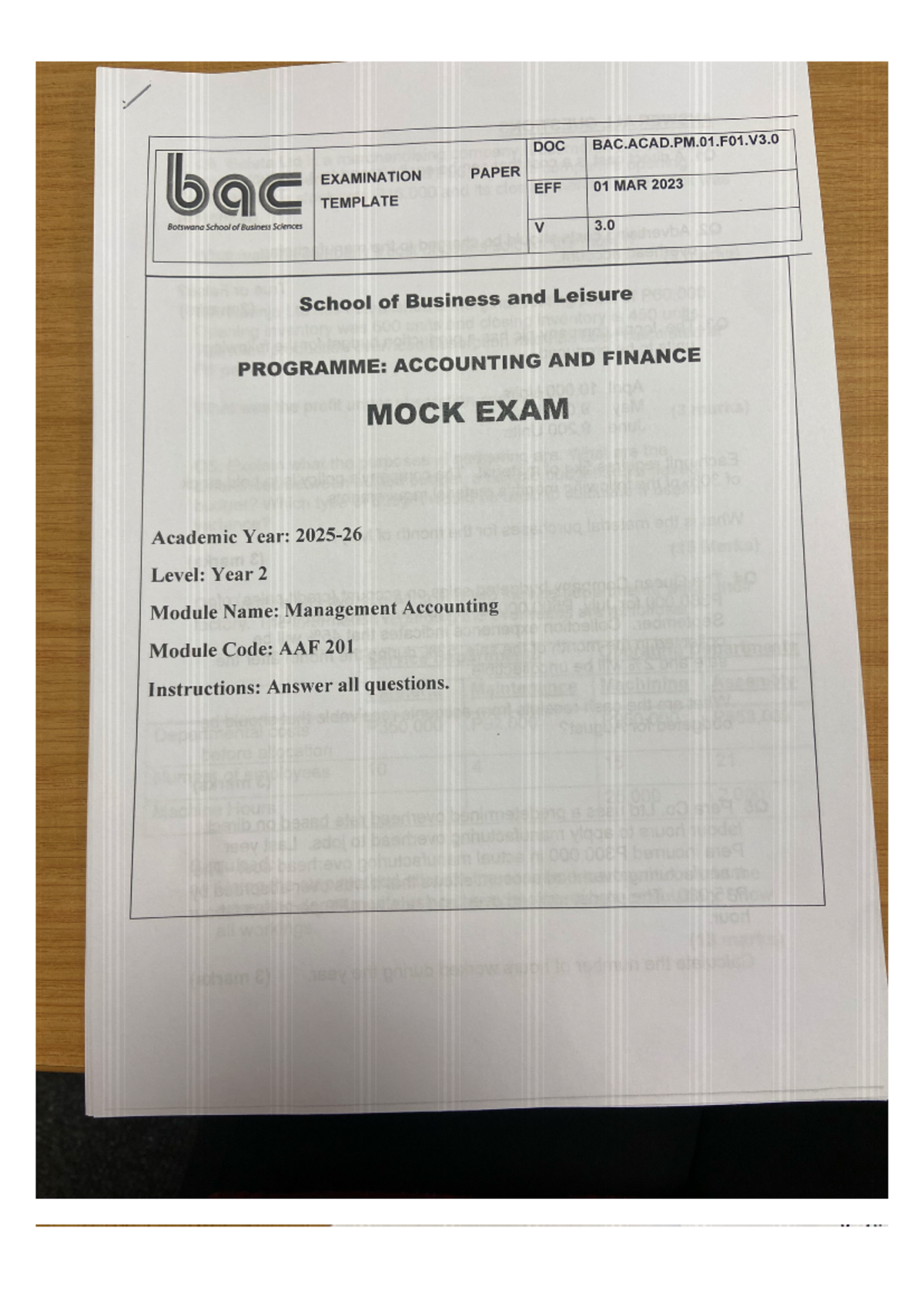Management Accounting Mock Exam AAF 201 - Year 2 Prep - Studocu