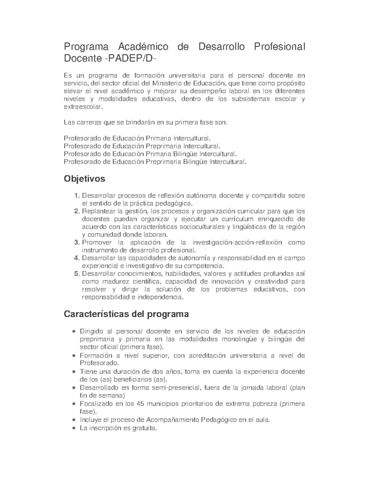 Programa PADEP-D: Desarrollo Profesional para Docentes en DSSA - Studocu
