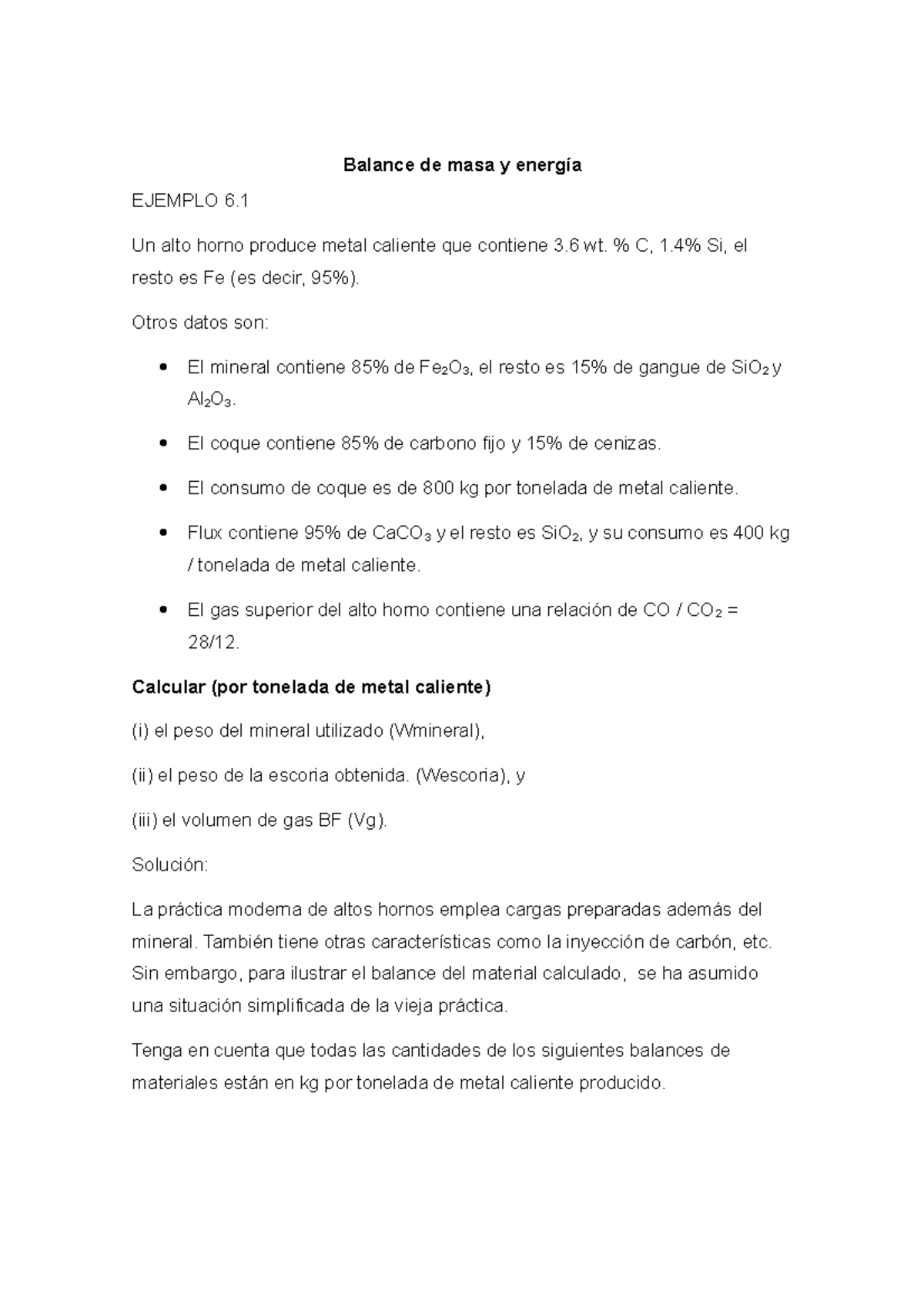 Balance de Masa y Energía en Altos Hornos: Ejemplo 6 - Document Preview