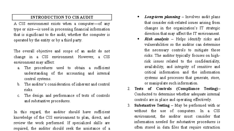 CIS Audit Overview: Risk Assessment & Internal Control Insights - Studocu