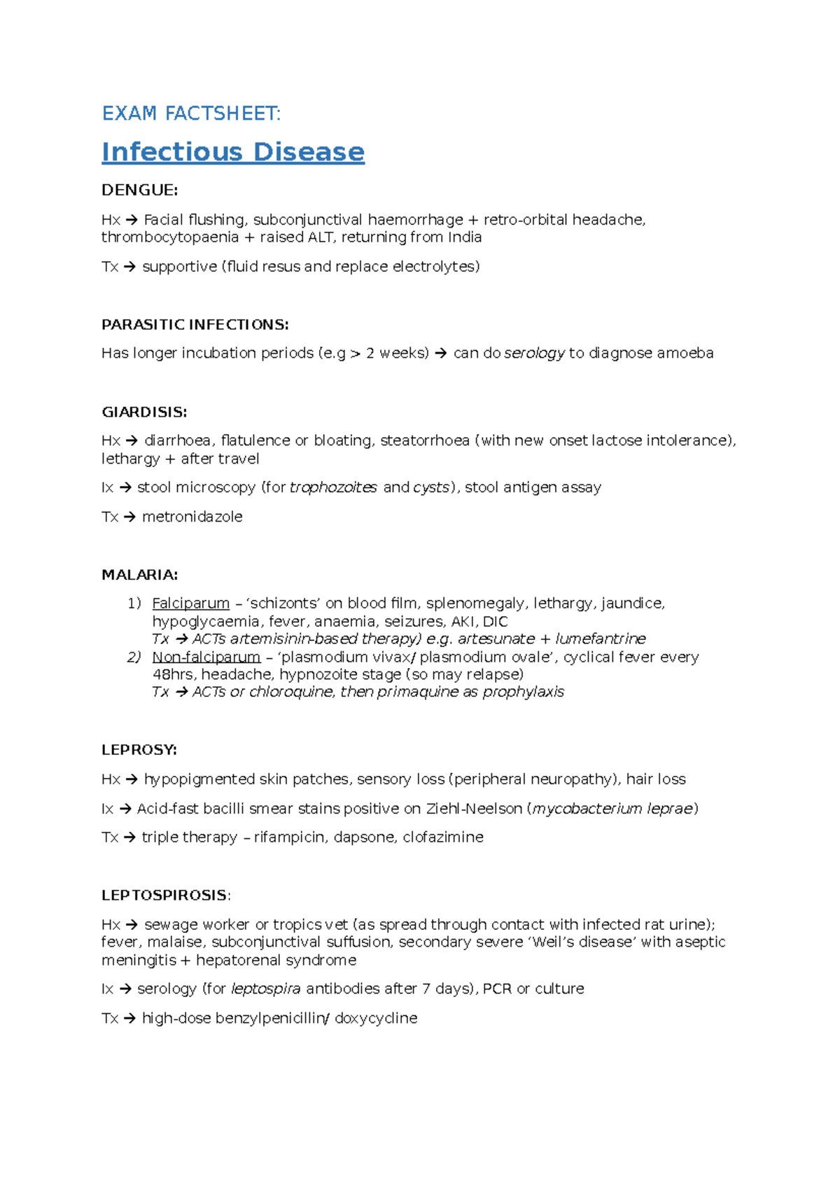 Clinical Medicine Exam Factsheet: Infectious Diseases Overview - Studocu