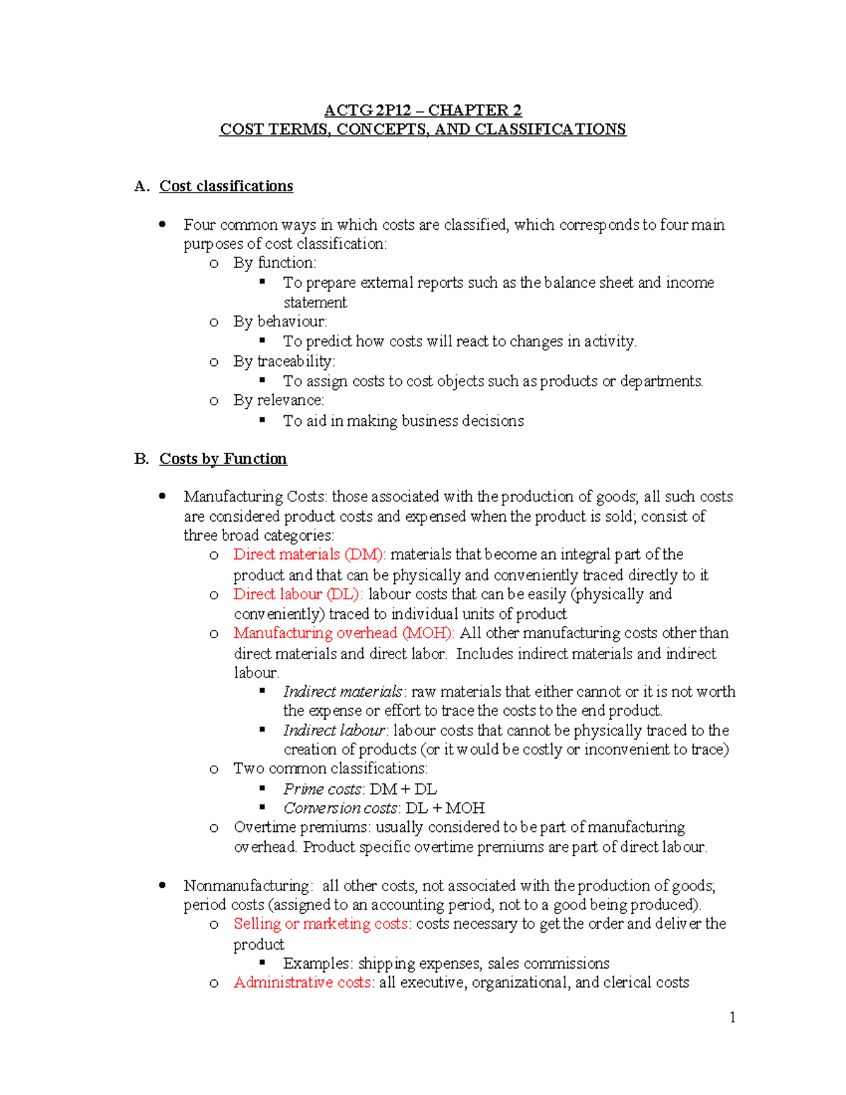 ACTG 2P12 CHAPTER 2 COST TERMS, CONCEPTS, AND CLASSIFICATIONS NOTES ...