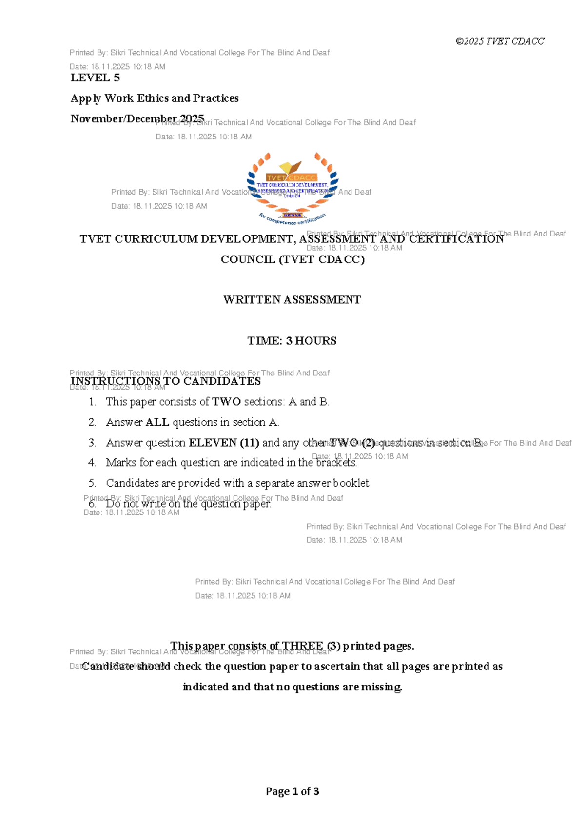 TVET CDACC Level 5 Work Ethics and Practices Assessment Guide - Studocu