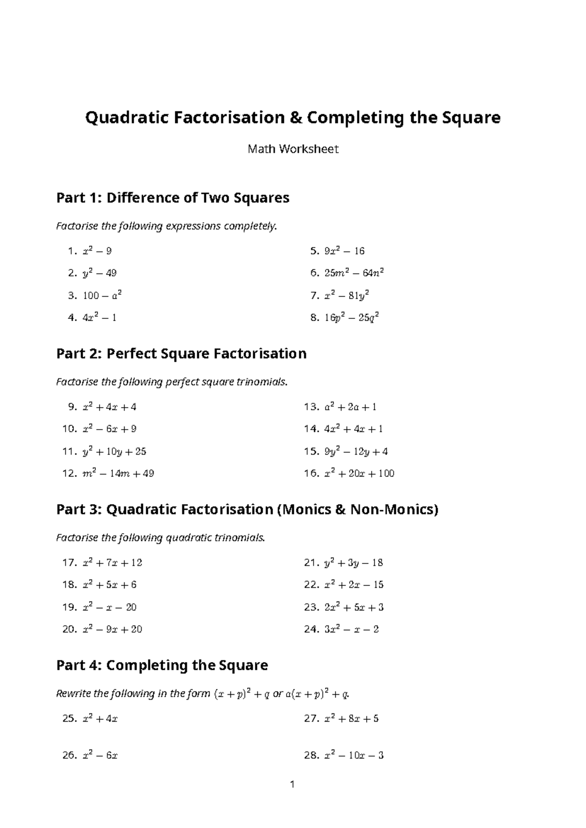 Quadratic Factorisation & Completing the Square Worksheet (Math 101 ...