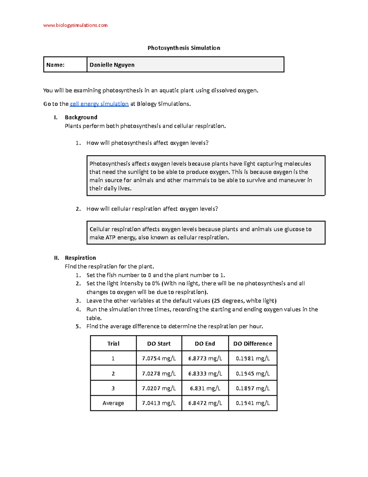 AP Photosynthesis and Cellular Respiration Lab - Photosynthesis ...