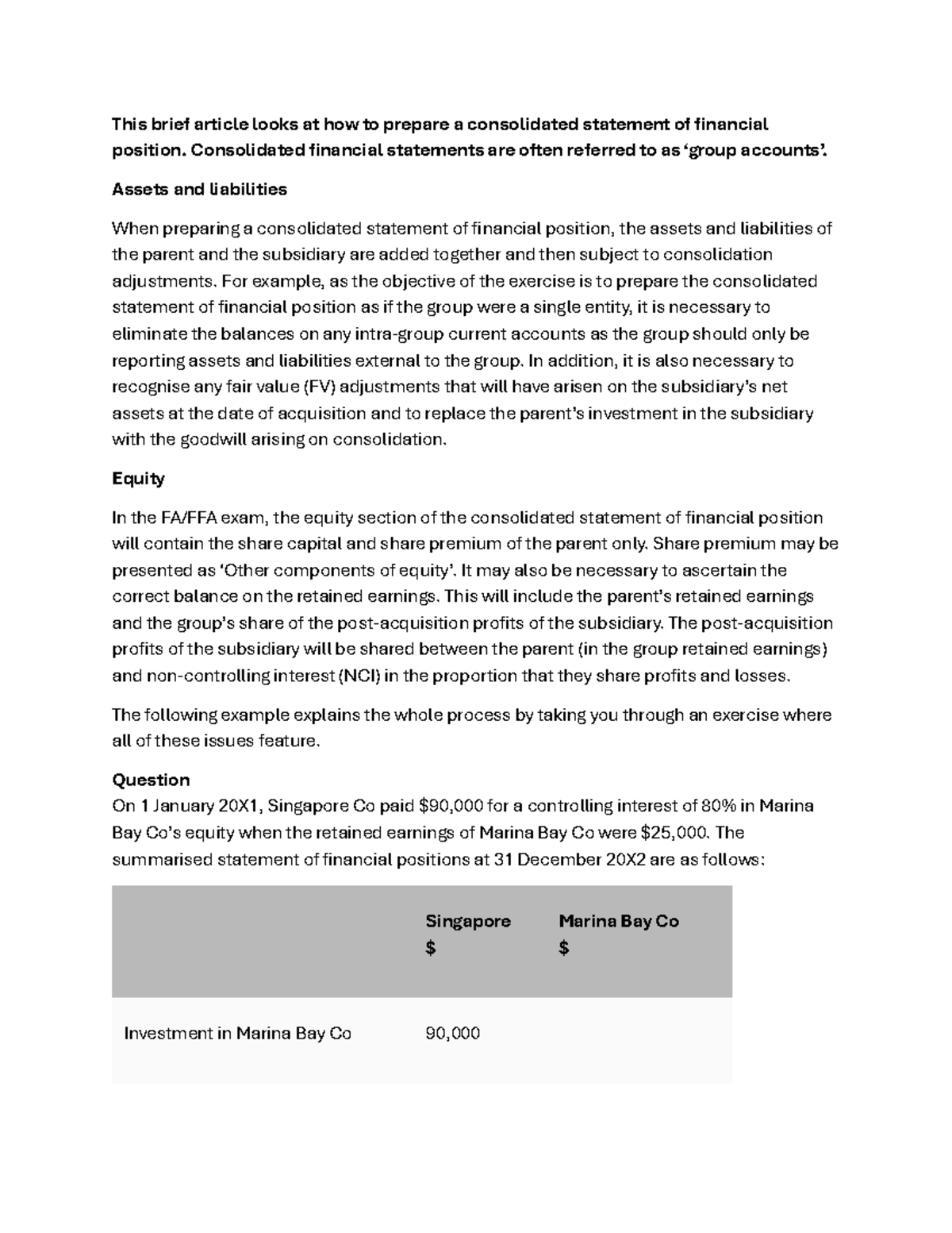 Consolidated FS Note 1: Preparing a Statement of Financial Position ...