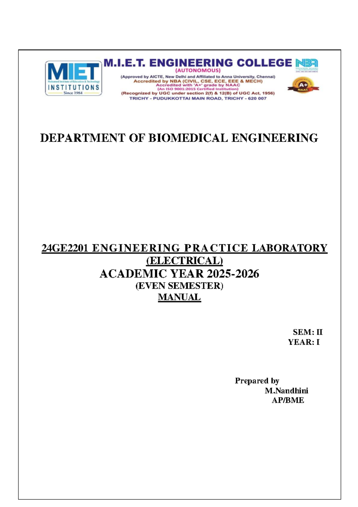 EPL EEE 24GE2201 Engineering Practice Lab Manual (Electrical) - Studocu