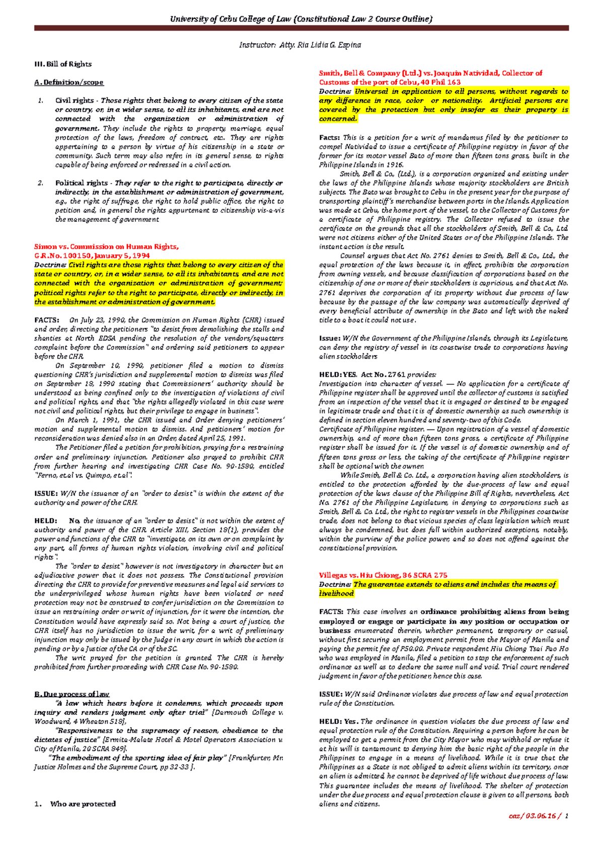 Consti 2 Bill of Rights Outline and Key Cases Analysis - Studocu