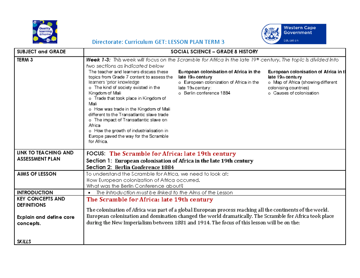 Lesson Plan: Grade 8 SS History T3 (Weeks 1-3) - Scramble for Africa ...