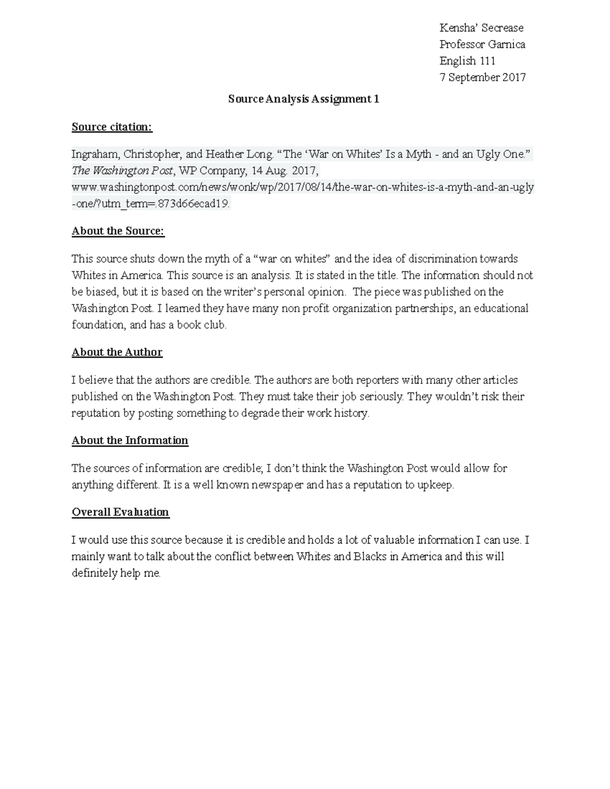 Source Analysis Assignment 1 - Kensha’ Secrease Professor Garnica ...