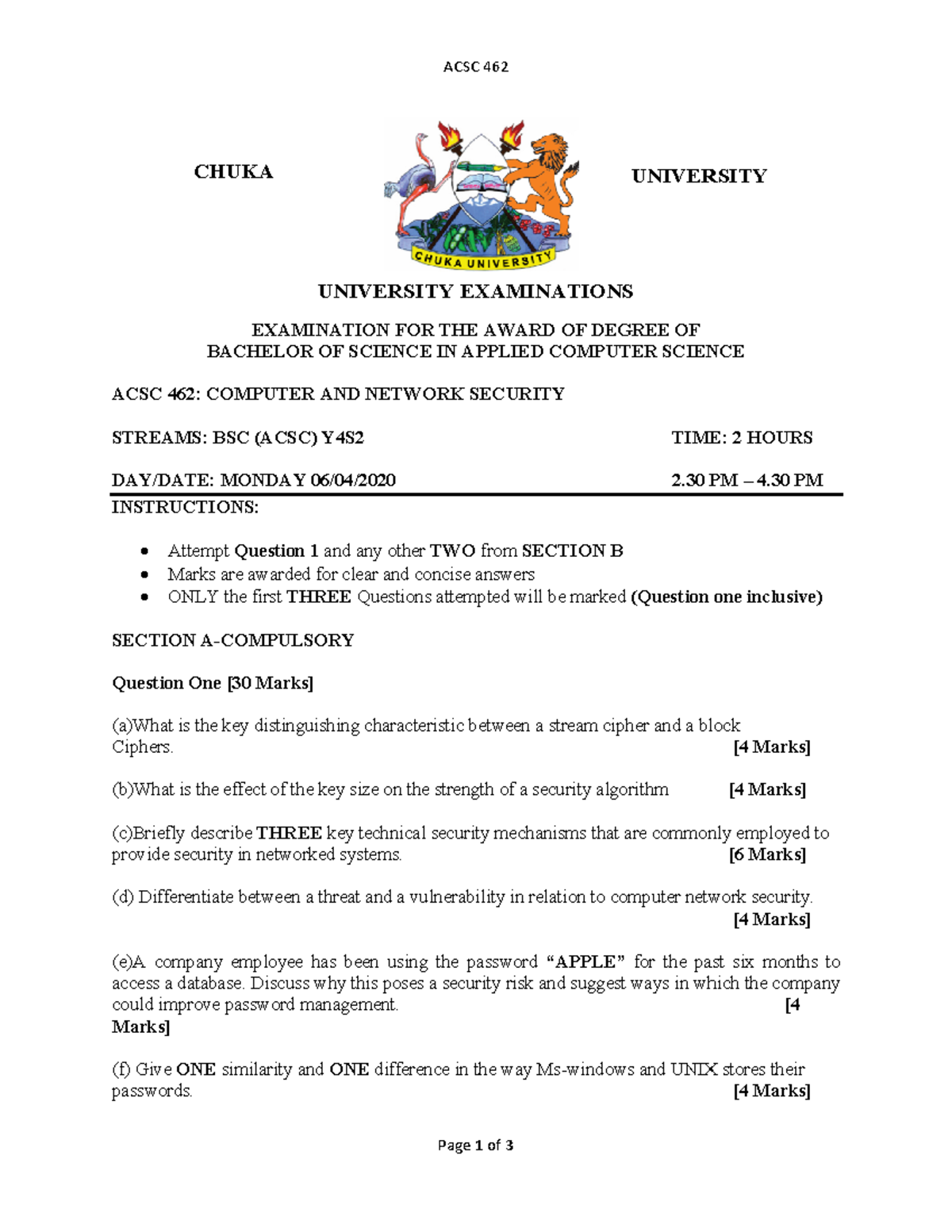 ACSC 462 - Computer and Network Security Examination Questions - Studocu