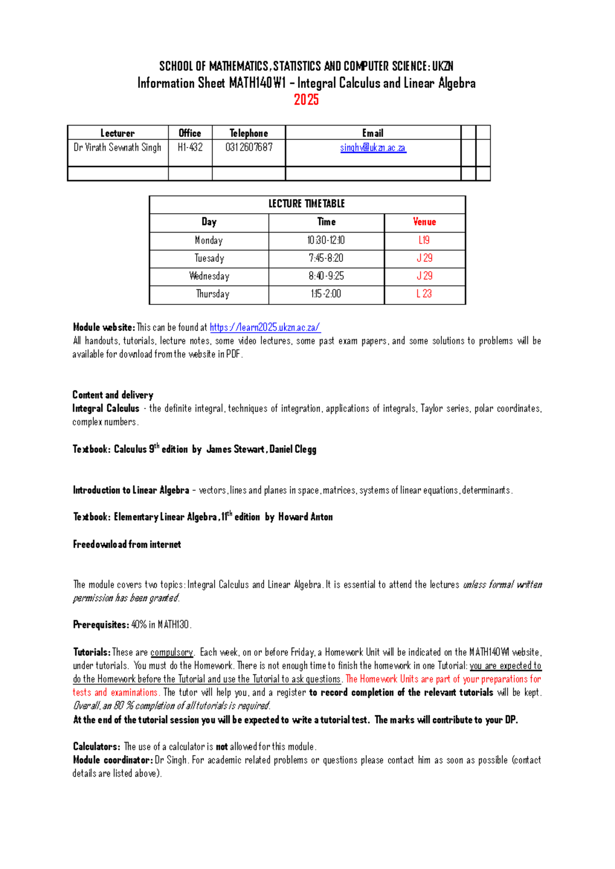 MATH140W1 Info Sheet: Integral Calculus & Linear Algebra Overview 2025 ...