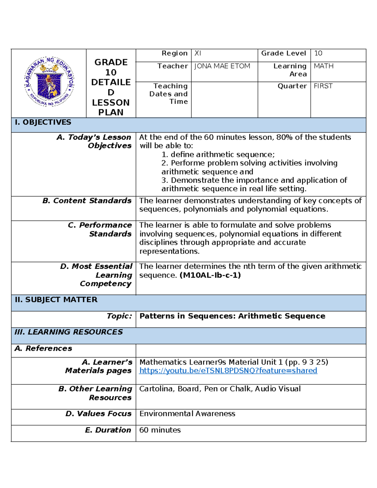 Detailed Lesson Plan on Arithmetic Sequences for Grade 10 (MATH 101 ...