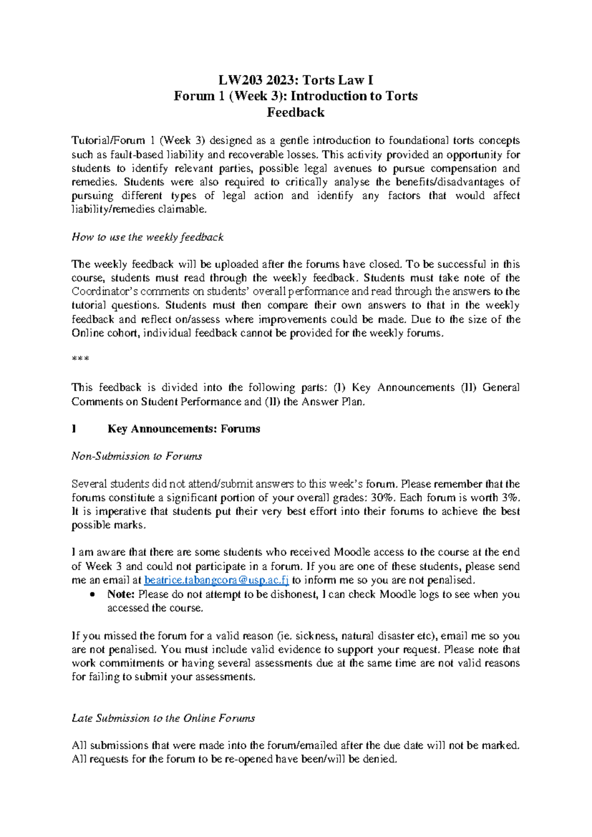 LW203 2023 - Forum 1 (Week 3) - Introduction to Torts - Feedback ...