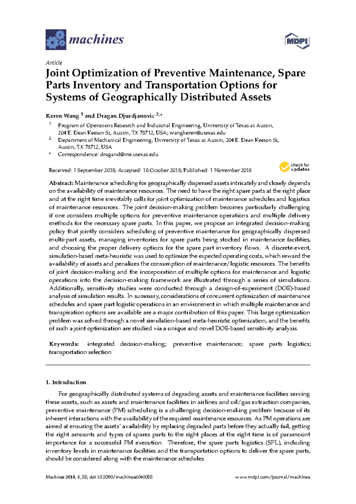 Joint Optimization of PM, Spare Parts Inventory, and Transport Options ...