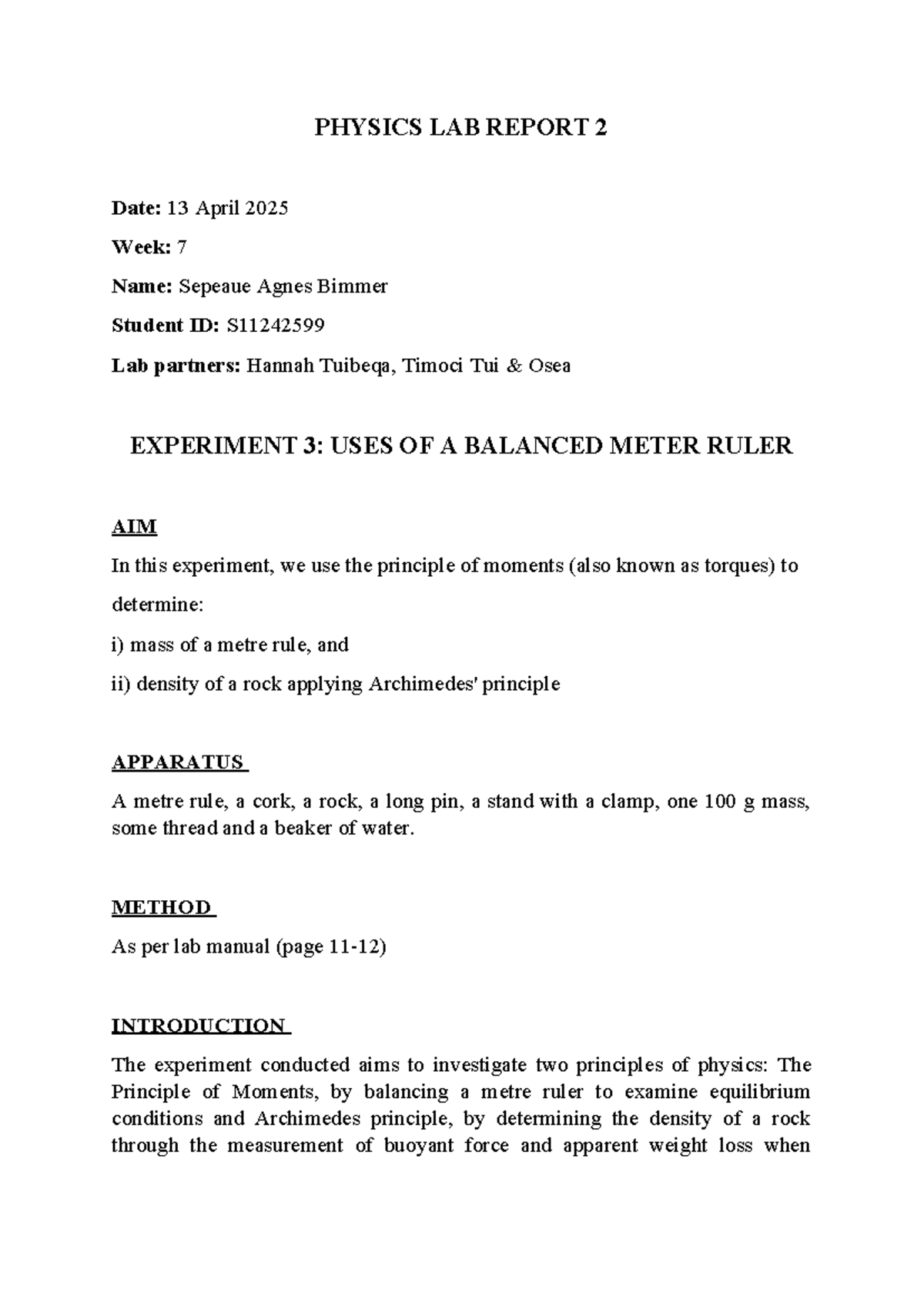 PHYSICS LAB REPORT 2: Experiment on Moments & Density (Week 7) - Studocu