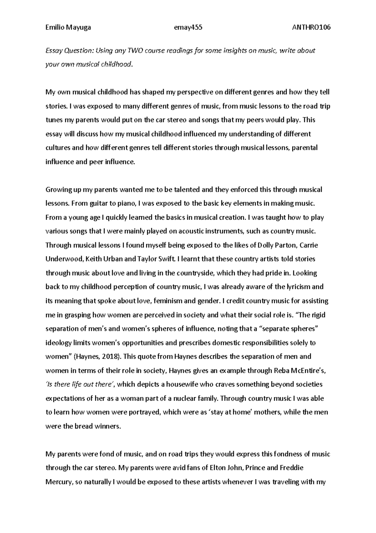 Essay Anthro - Essay Question: Using any TWO course readings for some ...