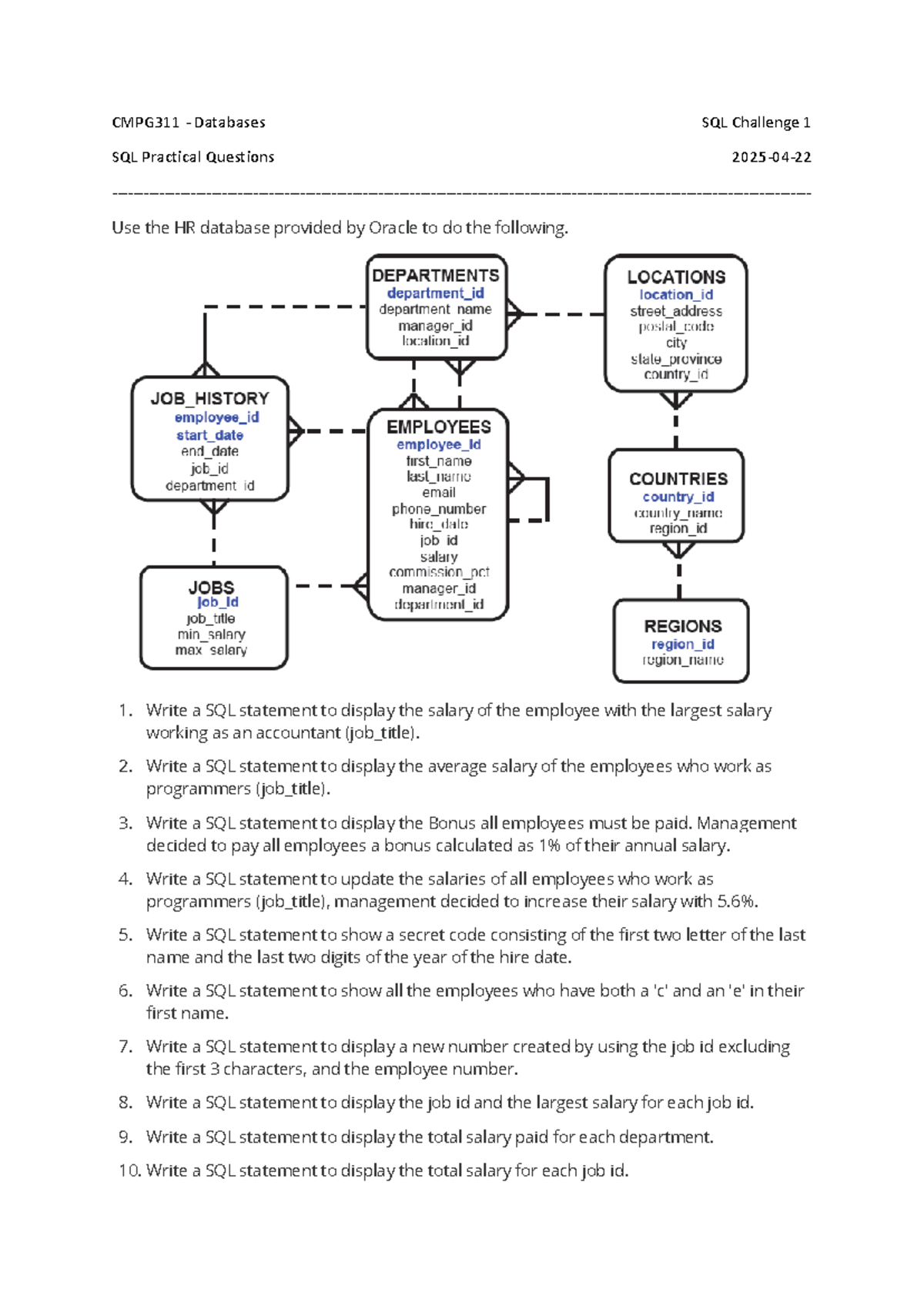 CMPG311 SQL Challenge 1: Practical Questions on HR Database - Studocu
