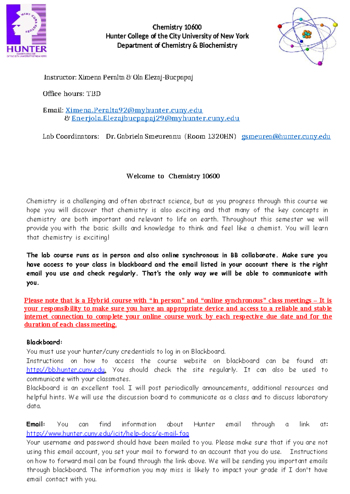 Chemistry 10600 Syllabus: Intro to Biochemistry & Lab Policies - Studocu
