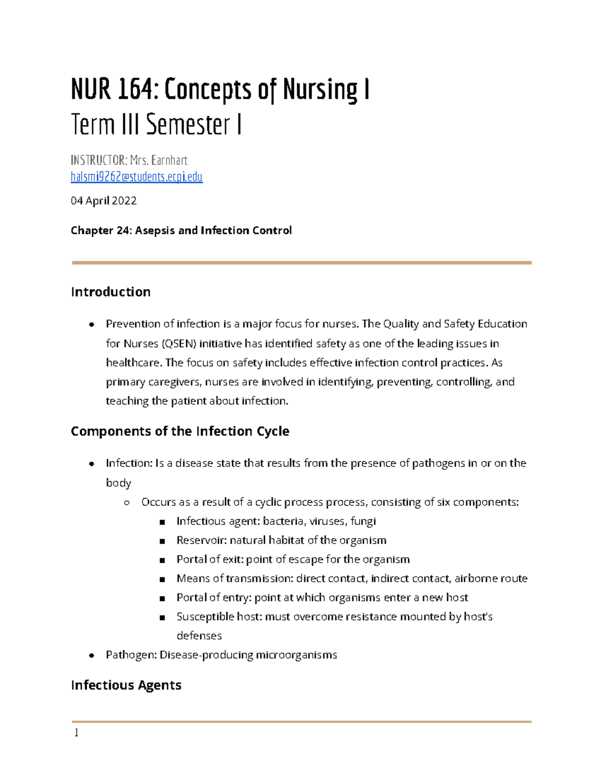 NUR 164 Chapter 24: Asepsis & Infection Control Summary Notes - Studocu