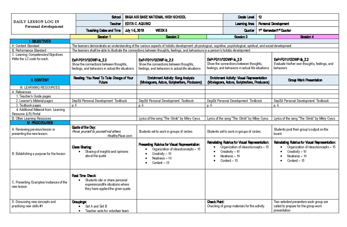 Personal Development Lesson Log for Grade 11 (Week 3) - PD11-12DS - Studocu