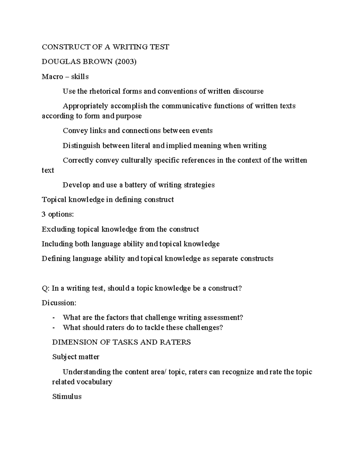 Construct of a Writing Test: Challenges and Rater Guidelines - Studocu