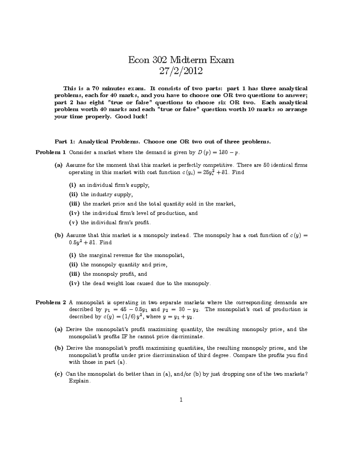 Econ 302 Midterm Exam 2 (18 Nov): Analytical & True/False Questions ...