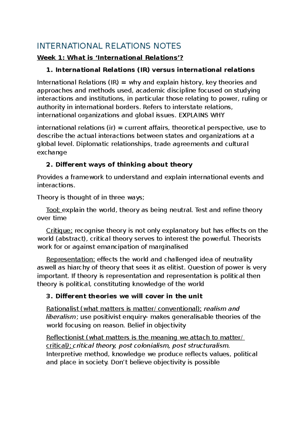 International Relations Lecture Notes: Theories & Concepts Overview ...