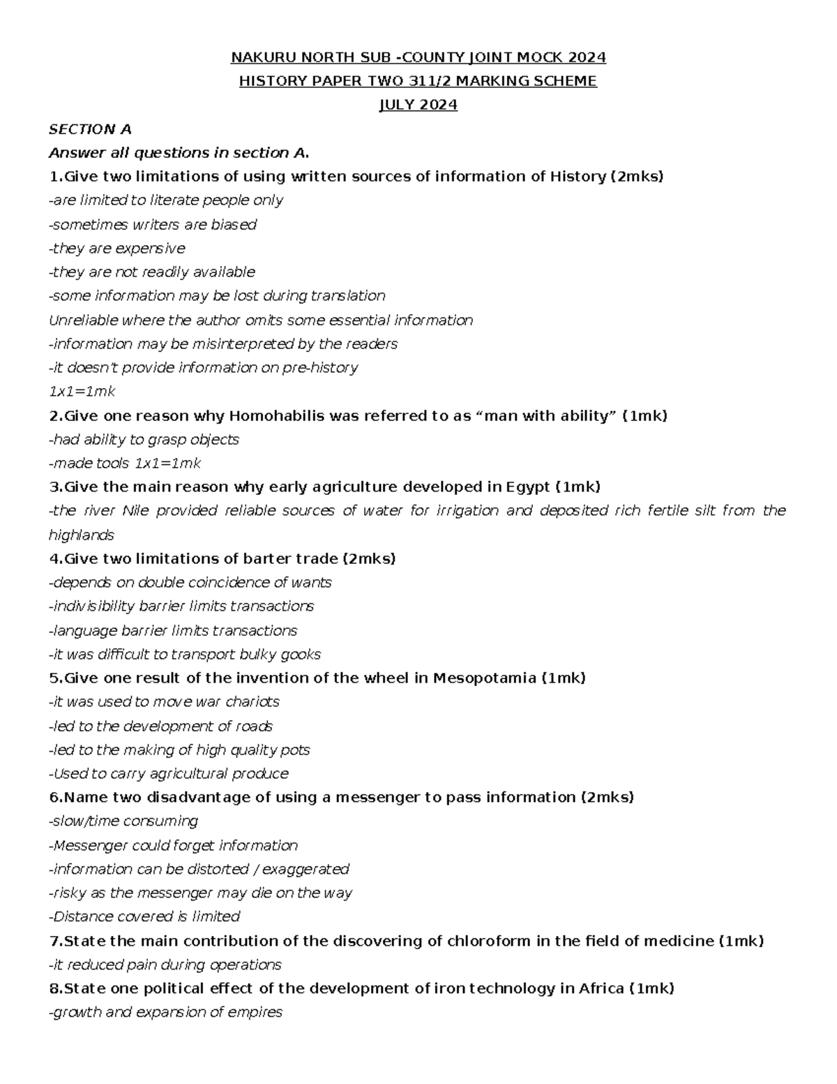History Government PP2 MS Mock Exam Marking Scheme - July 2024 - Studocu