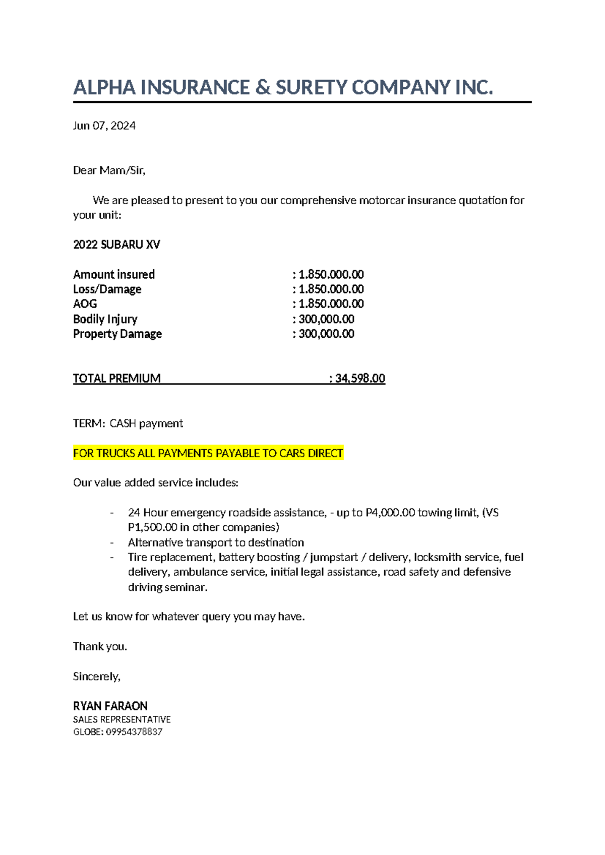 Motorcar Insurance Quotation for 2022 Subaru XV - Alpha Insurance - Studocu