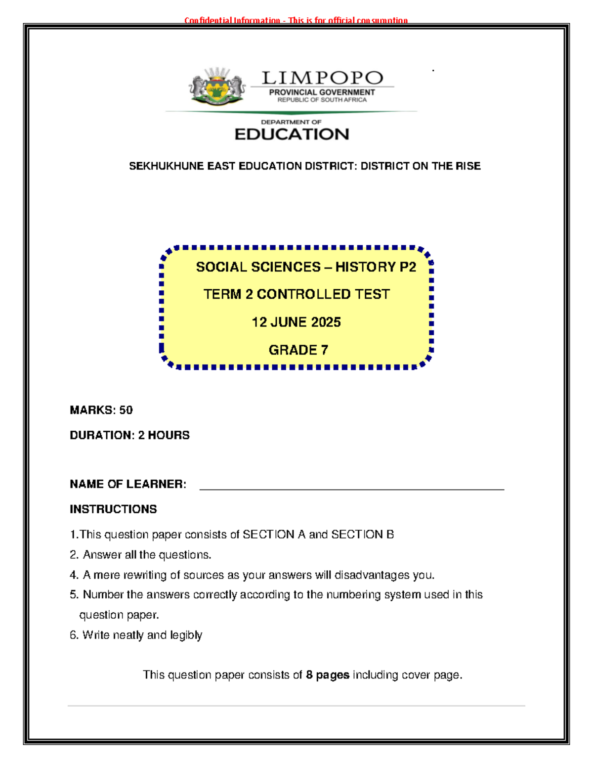 Grade 7 Social Sciences History P2 Controlled Test - June 2025 - Studocu