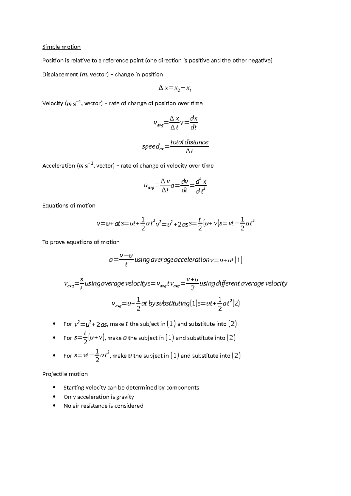 Motion (PHYS 101) - Comprehensive Summary Notes - Studocu