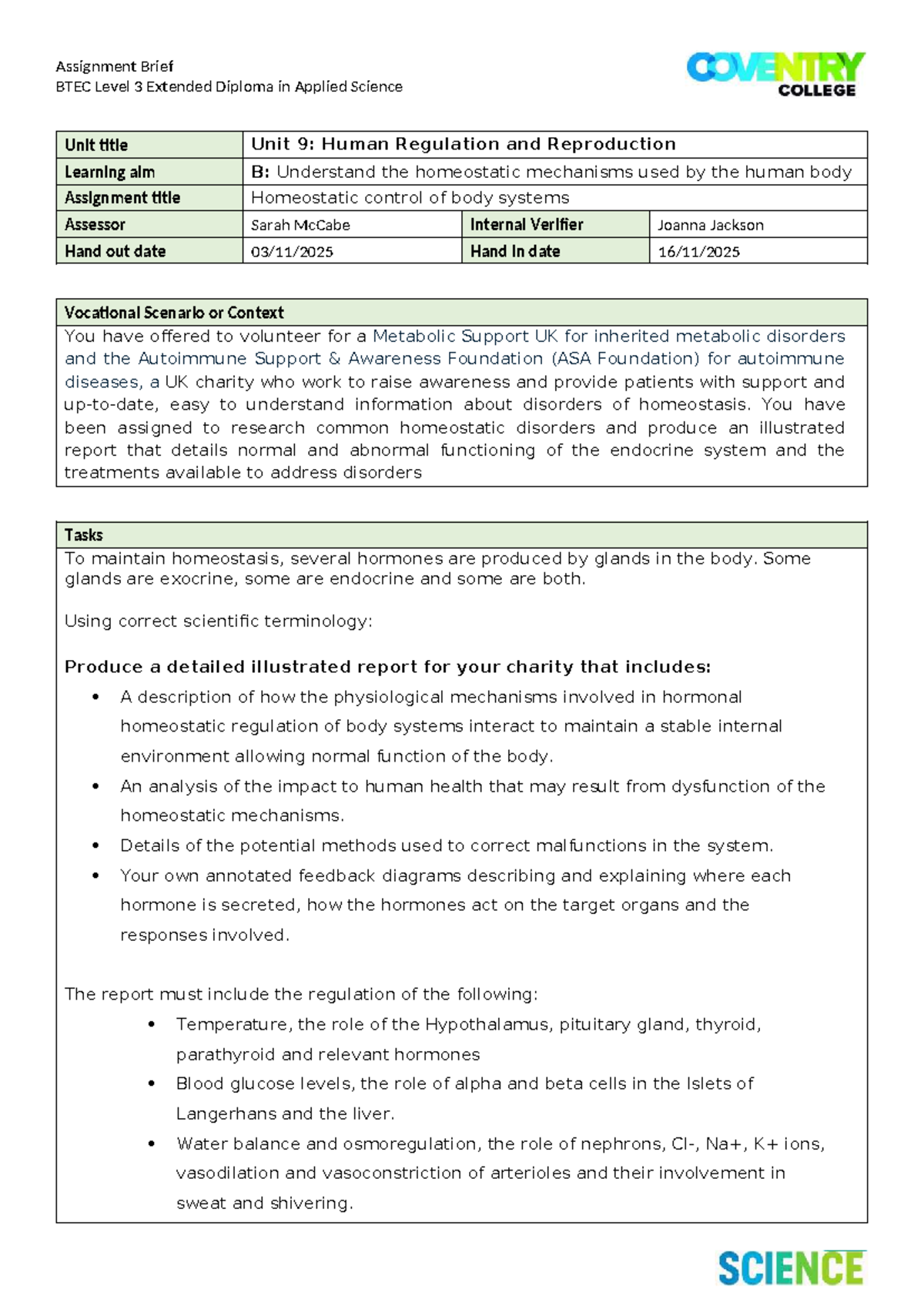 Unit 9: Homeostatic Control of Body Systems - Assignment Brief - Studocu