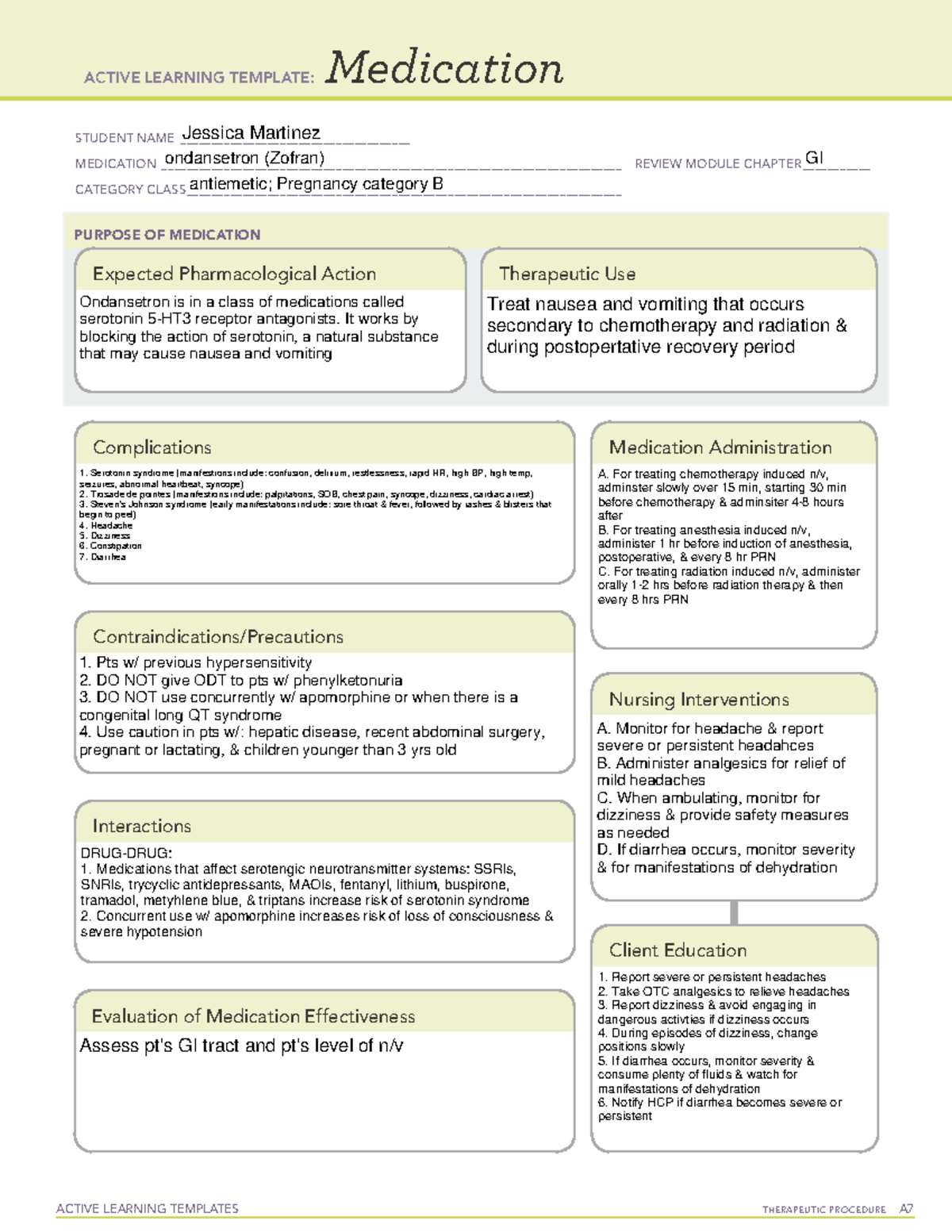 ACTIVE LEARNING TEMPLATE: Ondansetron (Zofran) Med Card Review - Studocu